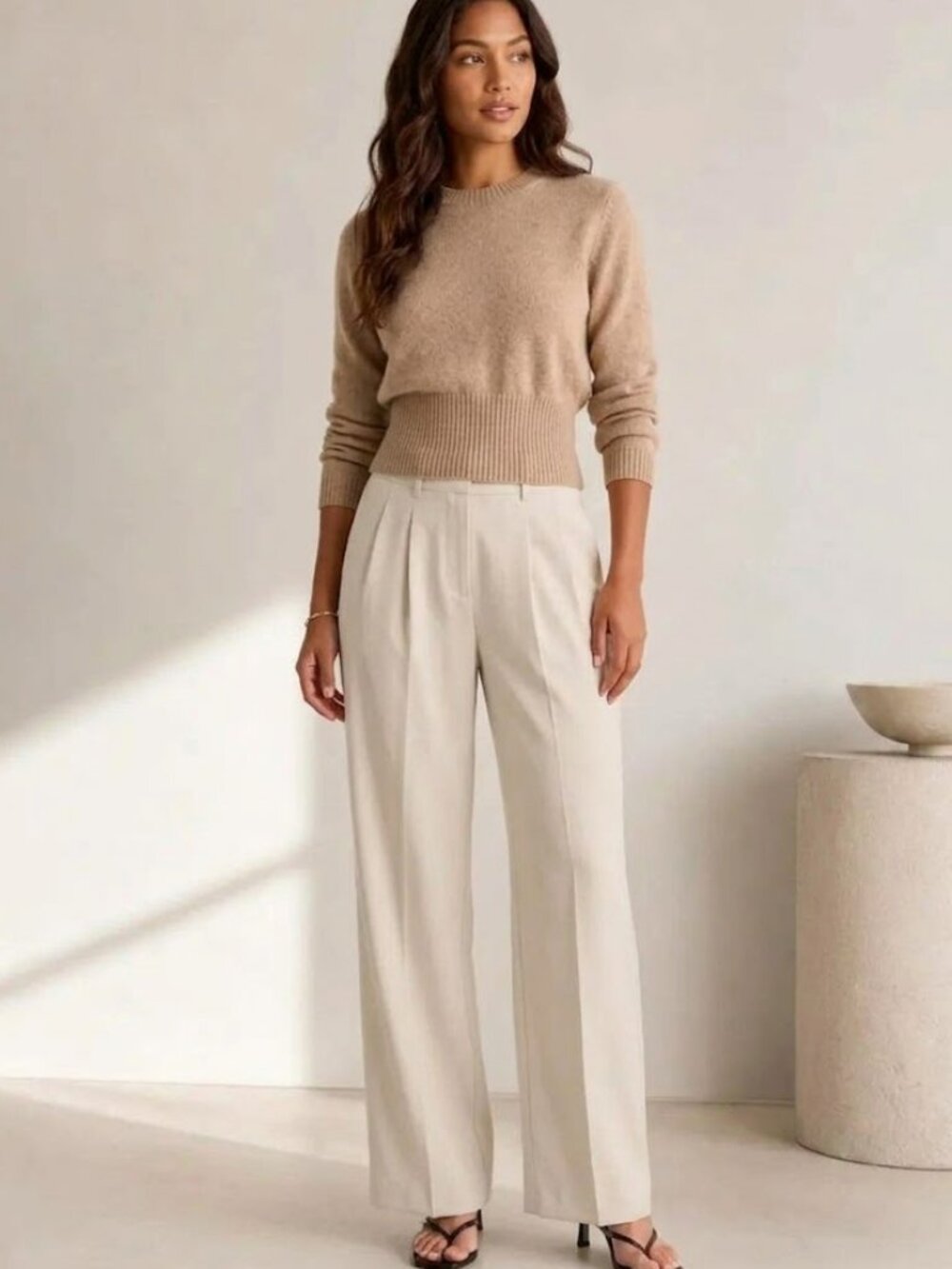Quince Stretch Crepe Pleated Wide Led Pants in Sand